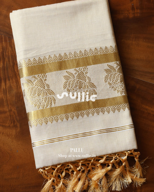 Off-White Golden Leaf Tissue Kerala Saree  | Onam Saree