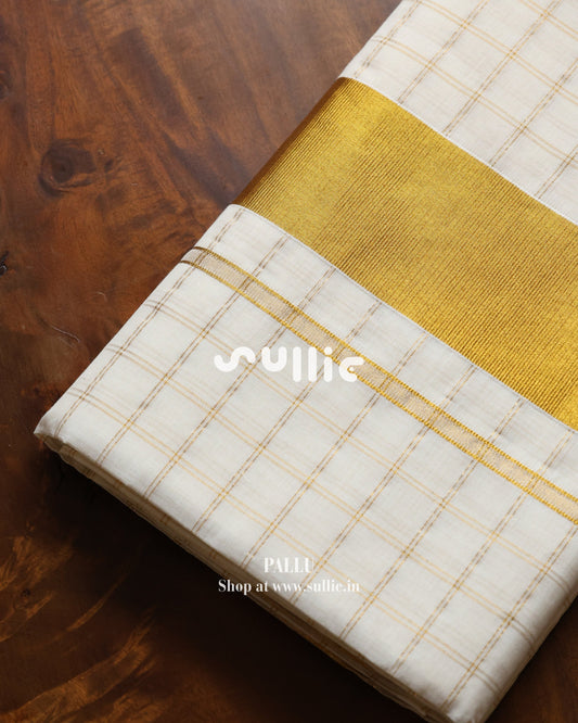 Golden Grid – Checked Cotton Saree with Kasavu Pallu | Onam Saree
