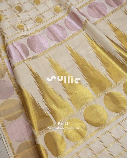 Circles & Stripes - Ivory Tissue Drape with Geometric Gold Accents | Onam Kerala Saree