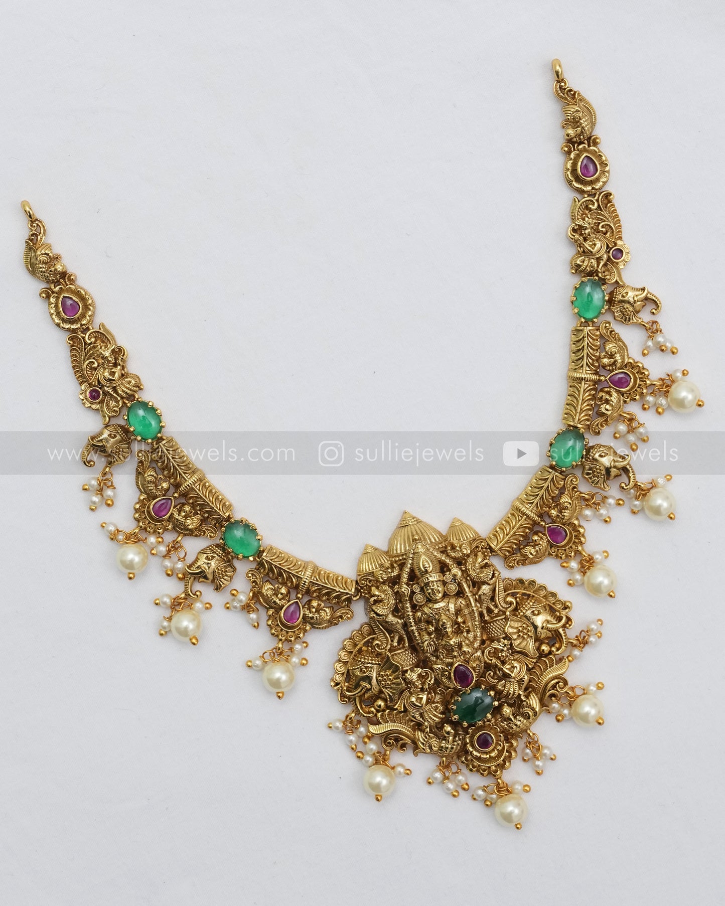 3602 - Venkateshwara & Lakshmi Designer Green Stone Necklace with Earring