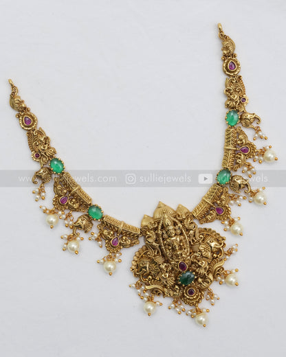 3602 - Venkateshwara & Lakshmi Designer Green Stone Necklace with Earring