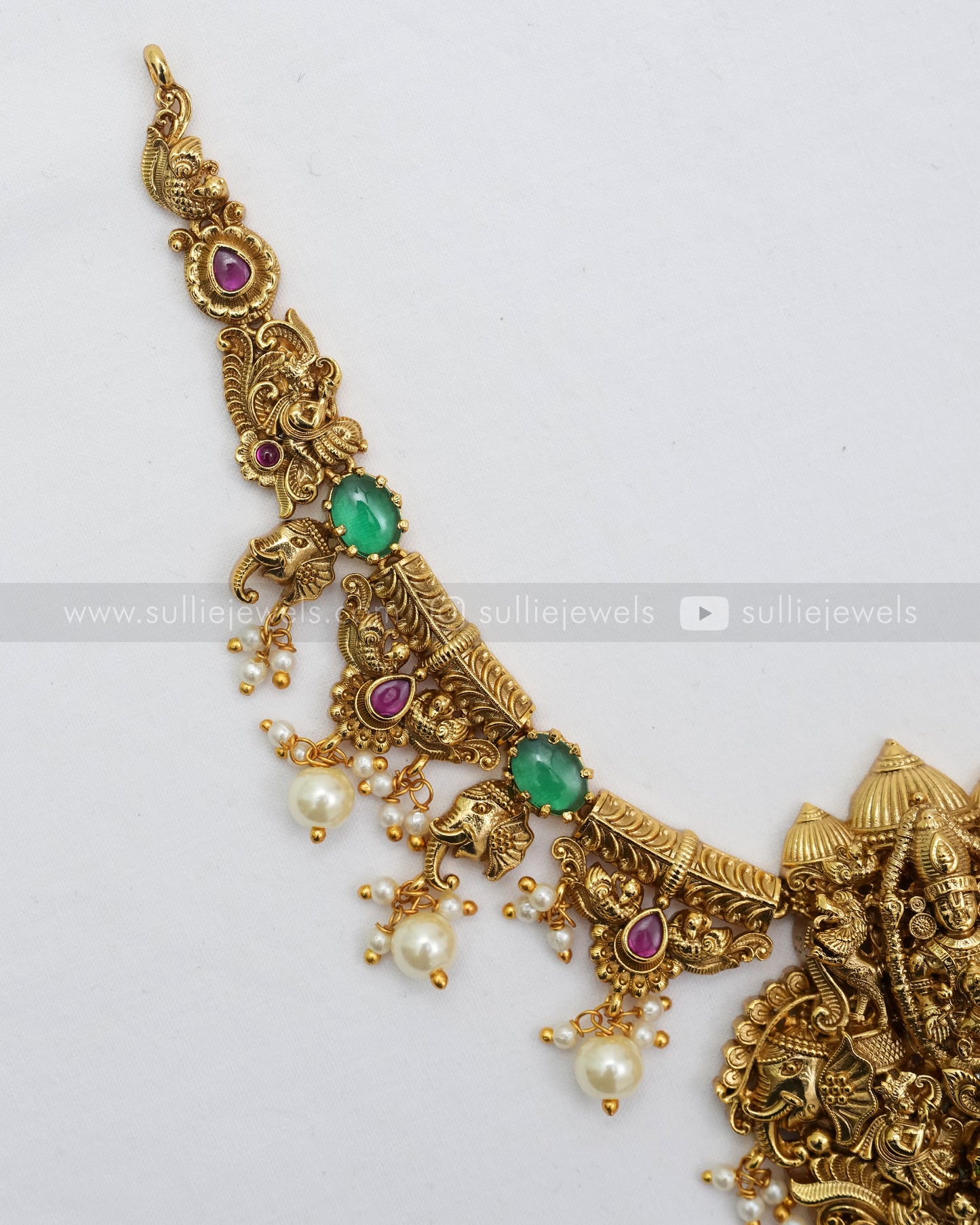 3602 - Venkateshwara & Lakshmi Designer Green Stone Necklace with Earring