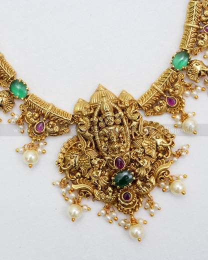 3602 - Venkateshwara & Lakshmi Designer Green Stone Necklace with Earring