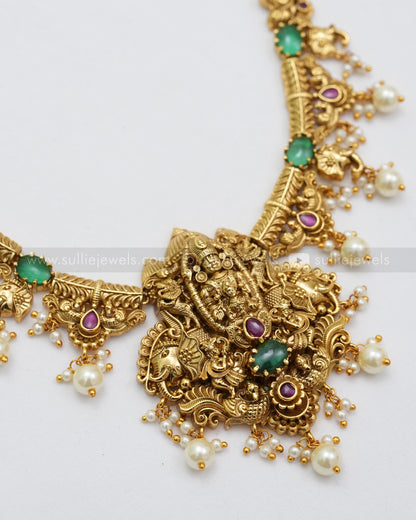 3602 - Venkateshwara & Lakshmi Designer Green Stone Necklace with Earring