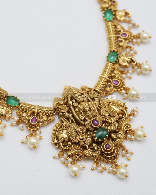 3602 - Venkateshwara & Lakshmi Designer Green Stone Necklace with Earring