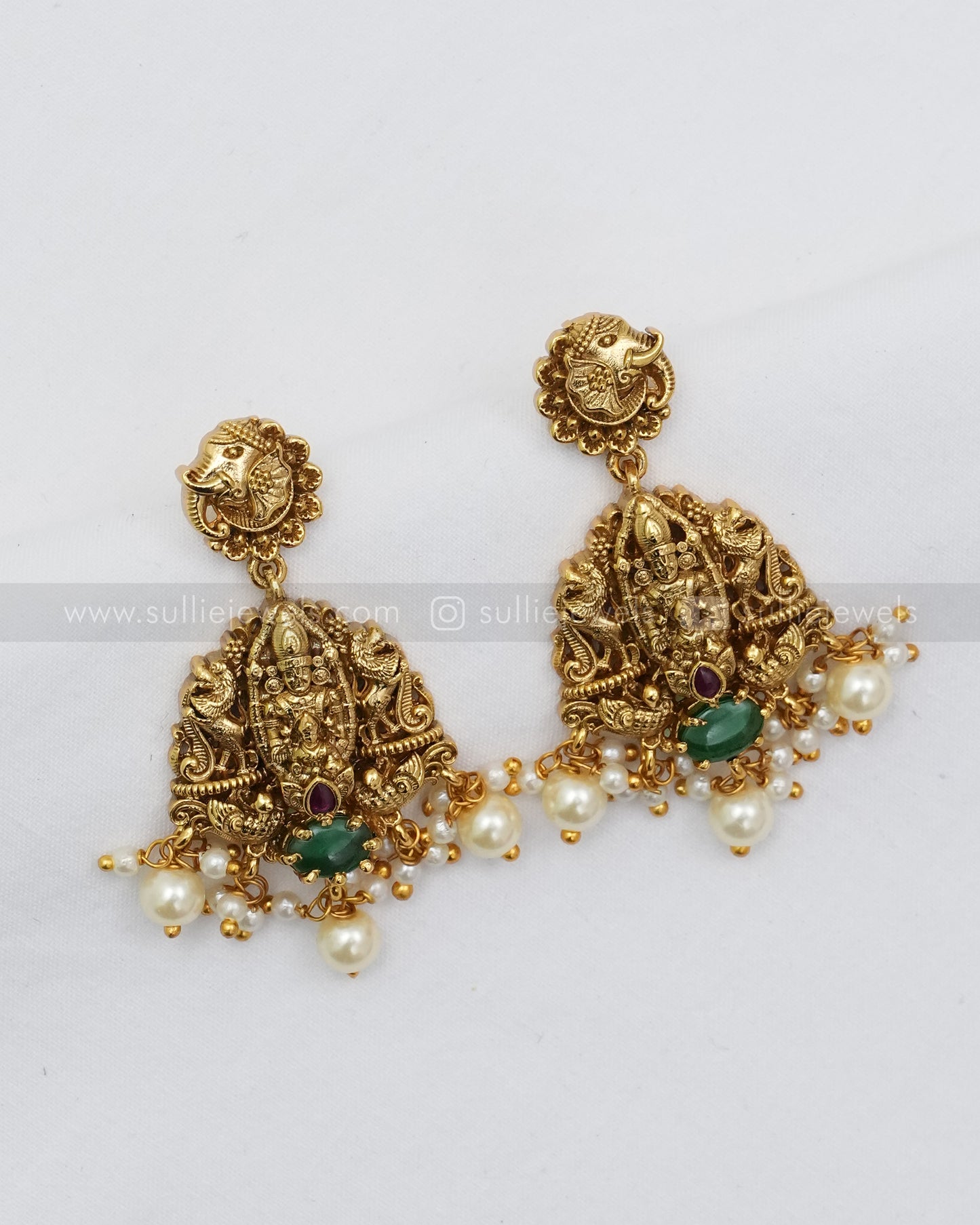 3602 - Venkateshwara & Lakshmi Designer Green Stone Necklace with Earring