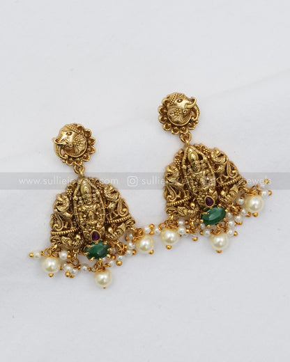 3602 - Venkateshwara & Lakshmi Designer Green Stone Necklace with Earring