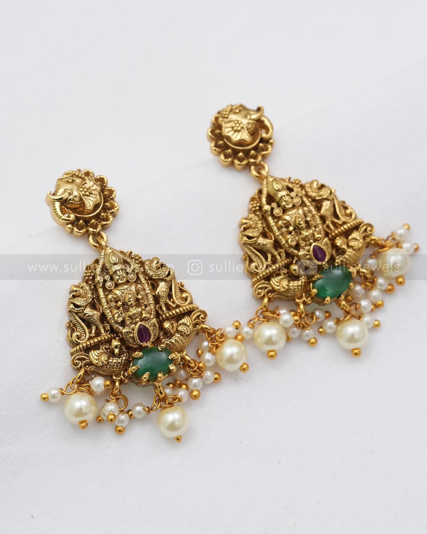 3602 - Venkateshwara & Lakshmi Designer Green Stone Necklace with Earring