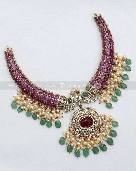 3600 - Designer Emerald & Ruby Floral Hasli with Earring