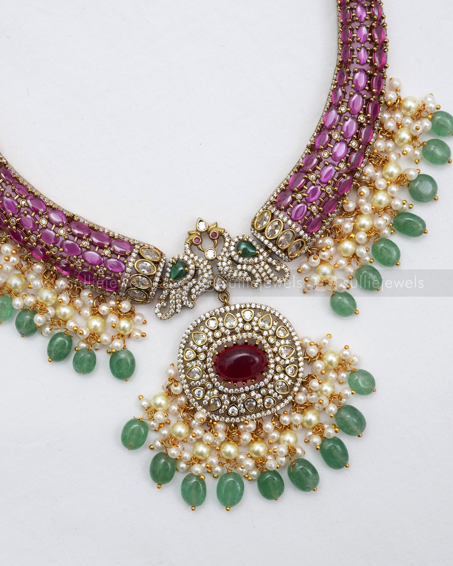 3600 - Designer Emerald & Ruby Floral Hasli with Earring