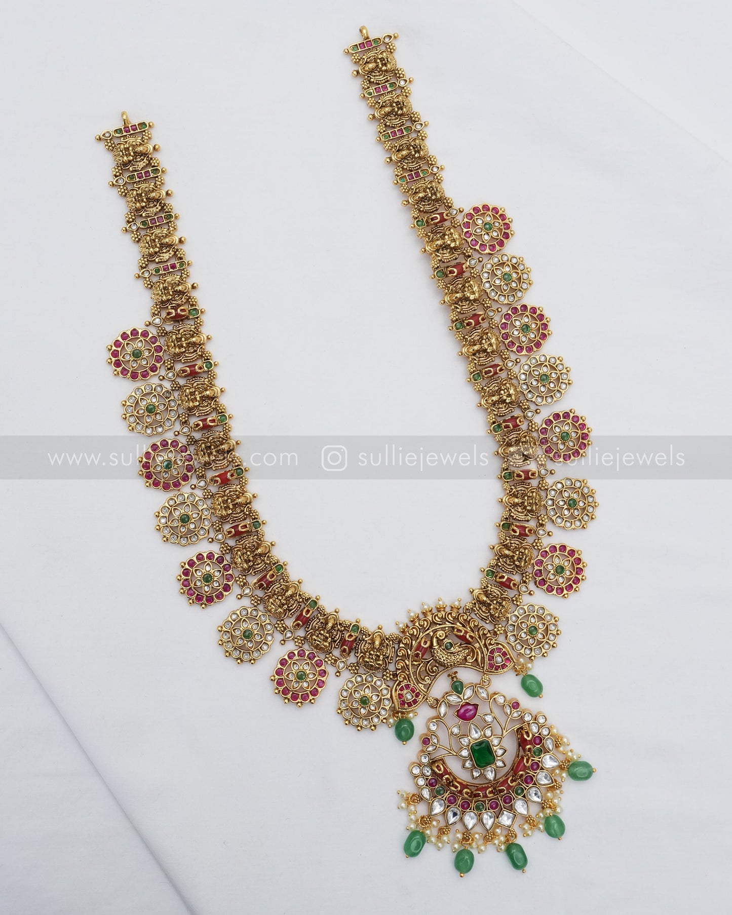 Lakshmi Coral Stone & Green Beads Long Chain / Haaram with Earring