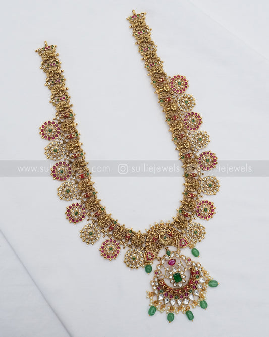 Lakshmi Coral Stone & Green Beads Long Chain / Haaram with Earring