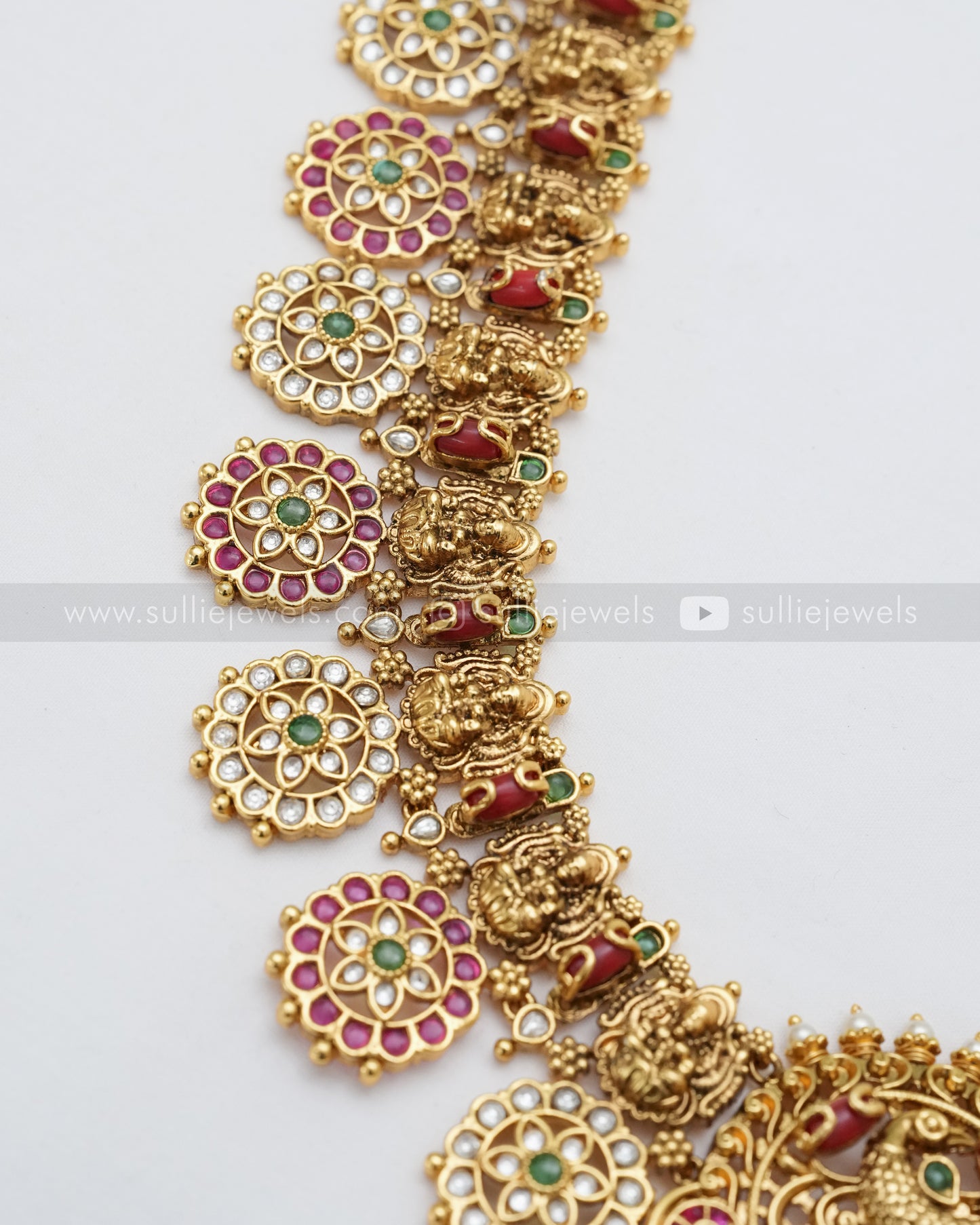 Lakshmi Coral Stone & Green Beads Long Chain / Haaram with Earring