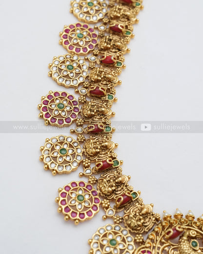 Lakshmi Coral Stone & Green Beads Long Chain / Haaram with Earring