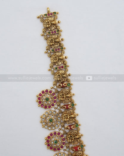 Lakshmi Coral Stone & Green Beads Long Chain / Haaram with Earring