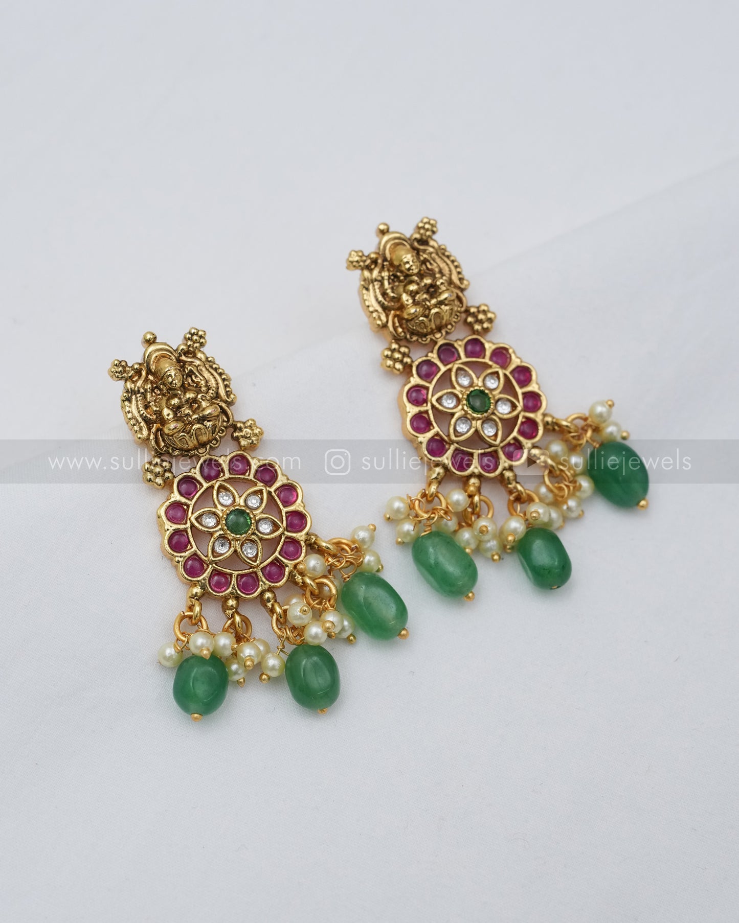 Lakshmi Coral Stone & Green Beads Long Chain / Haaram with Earring