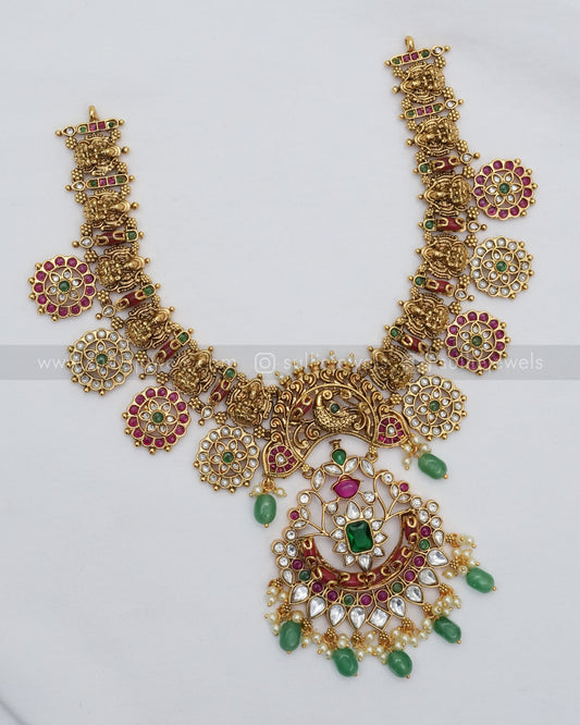 Lakshmi Coral Stone & Green Beads Necklace with Earring