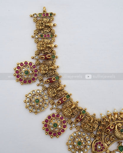 Lakshmi Coral Stone & Green Beads Necklace with Earring