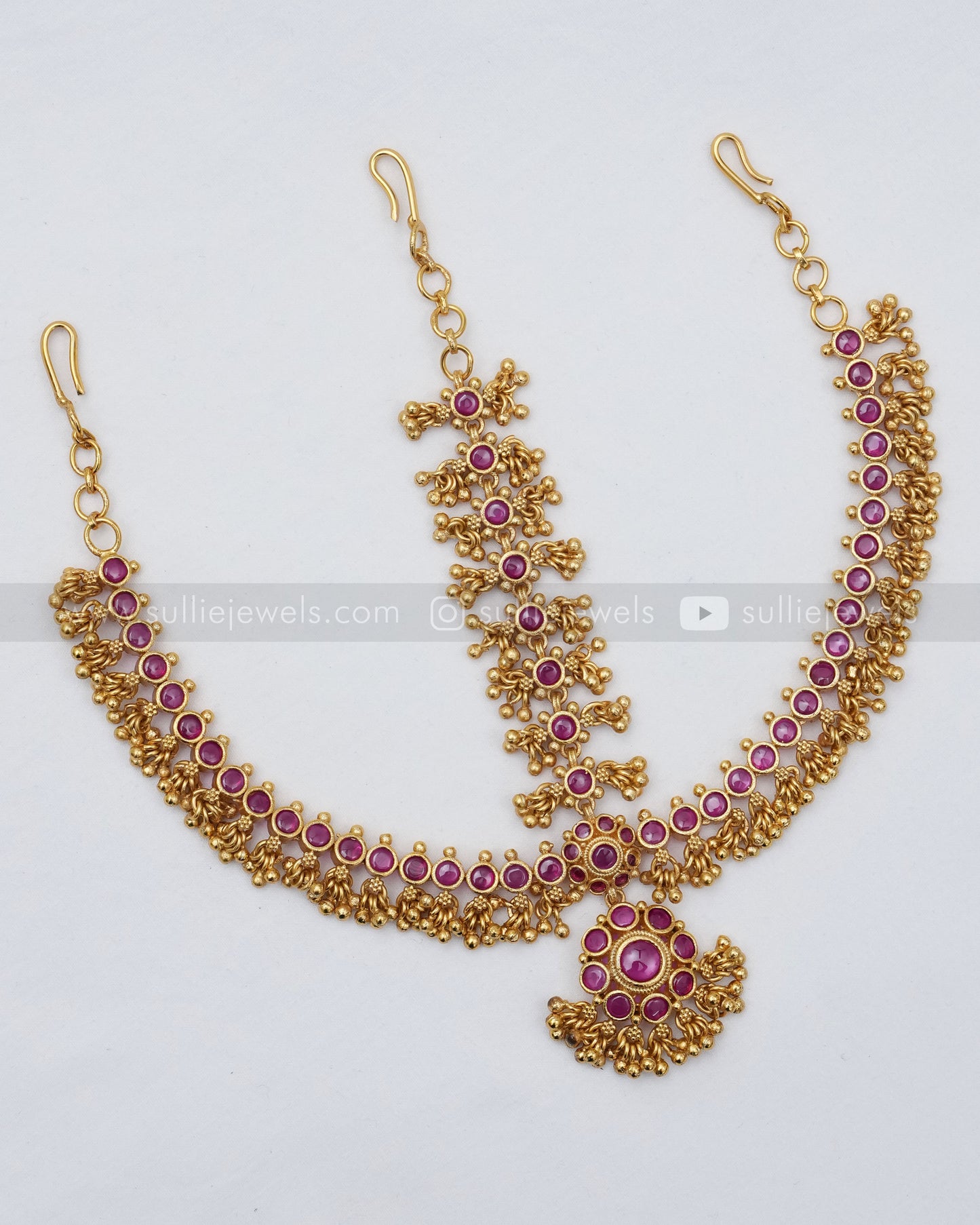 Ruby Floral Kemp Damini Tikka with Gold Beads