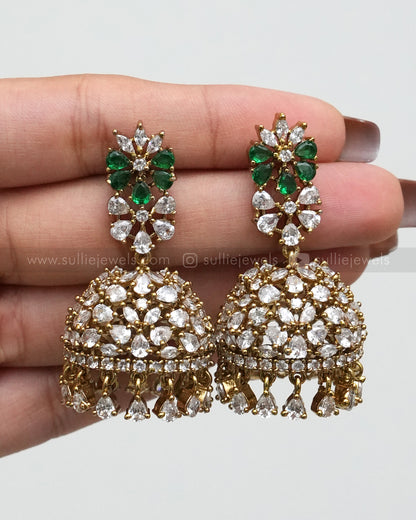 E1173 - Premium Green Floral AD Ball Jhumka