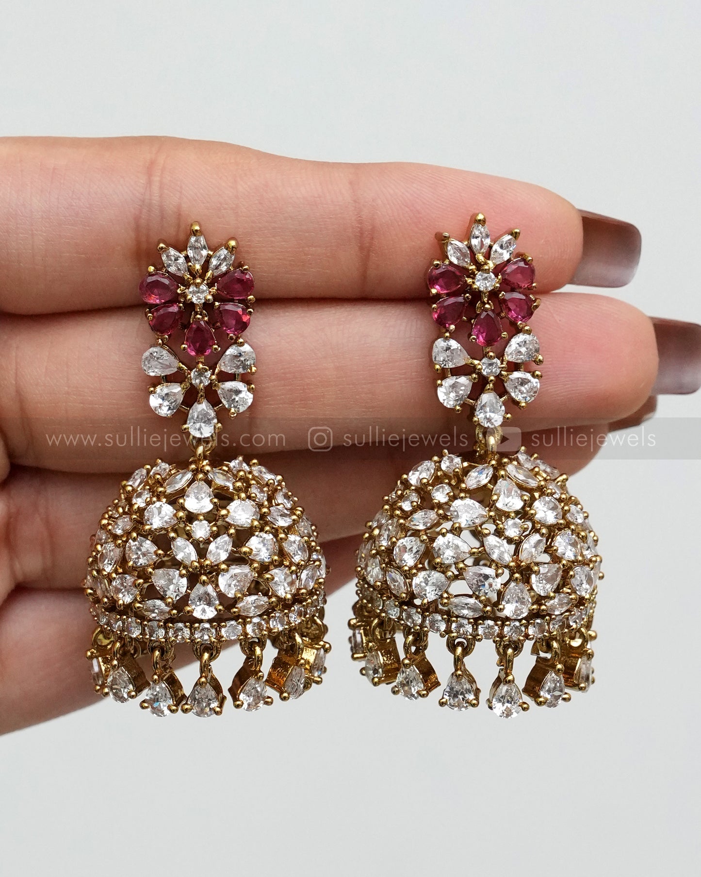 E1172 - Premium Ruby Floral AD Ball Jhumka