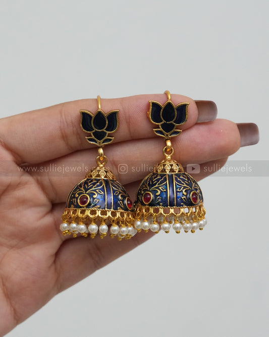 Dark Blue Lotus Meenakari Jhumka