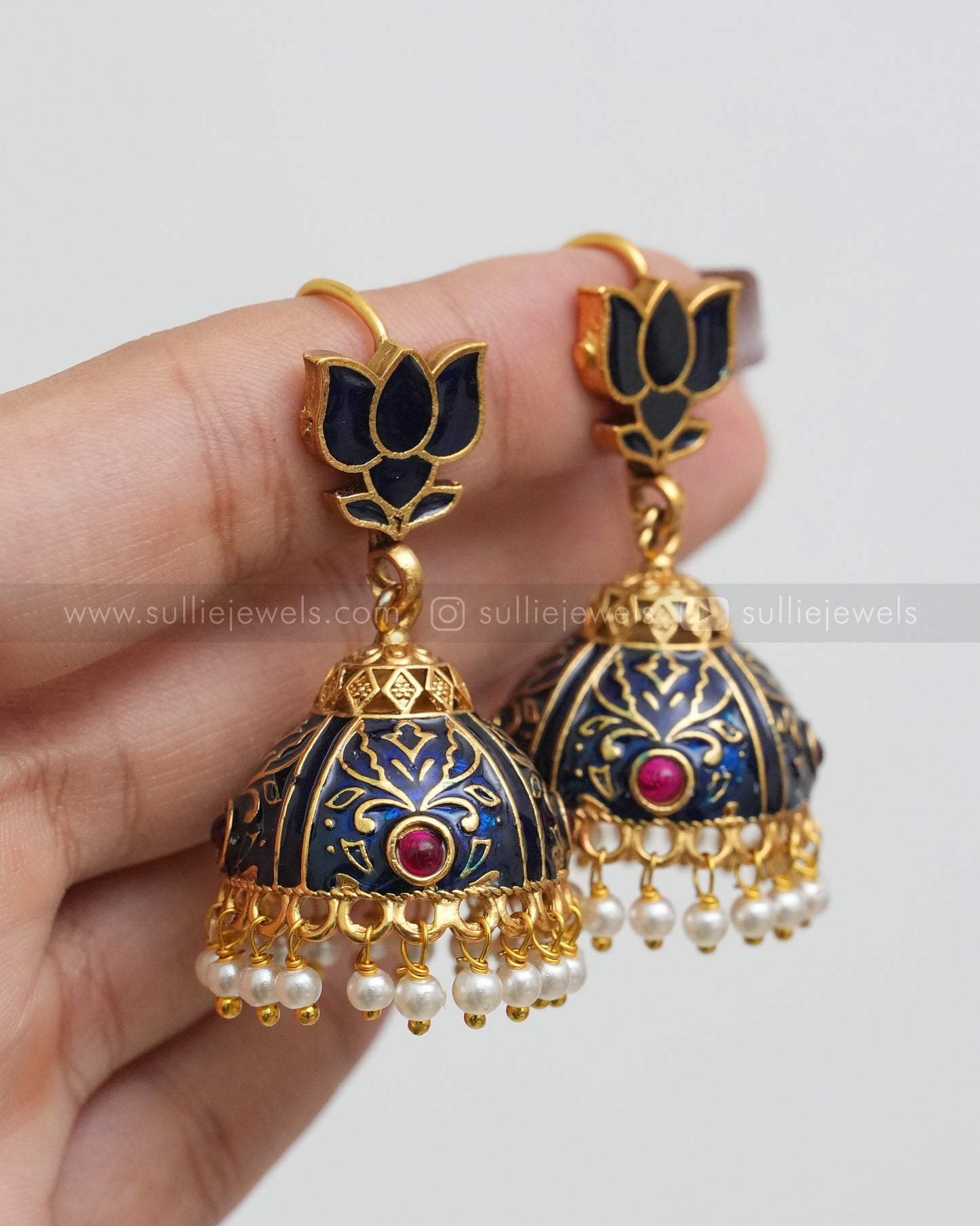 Dark Blue Lotus Meenakari Jhumka