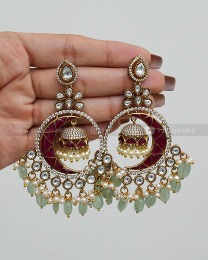 E1164 - Premium Crescent Moon Jhumka Earrings with Mint Beads