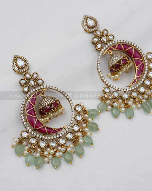 E1164 - Premium Crescent Moon Jhumka Earrings with Mint Beads