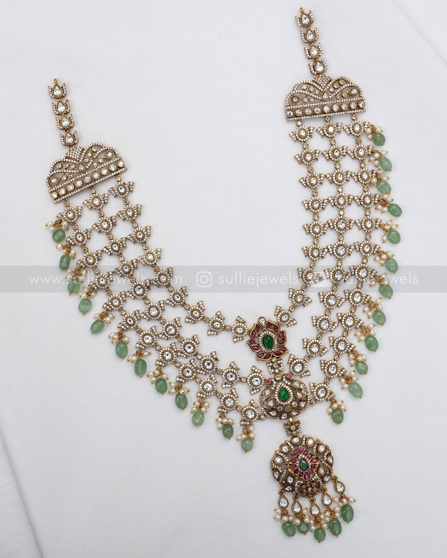 7121 - Premium Victorian Polki 3 Layer Mint Beads Long Chain with Earring