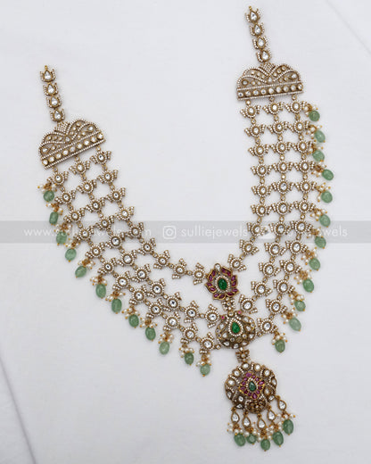 7121 - Premium Victorian Polki 3 Layer Mint Beads Long Chain with Earring