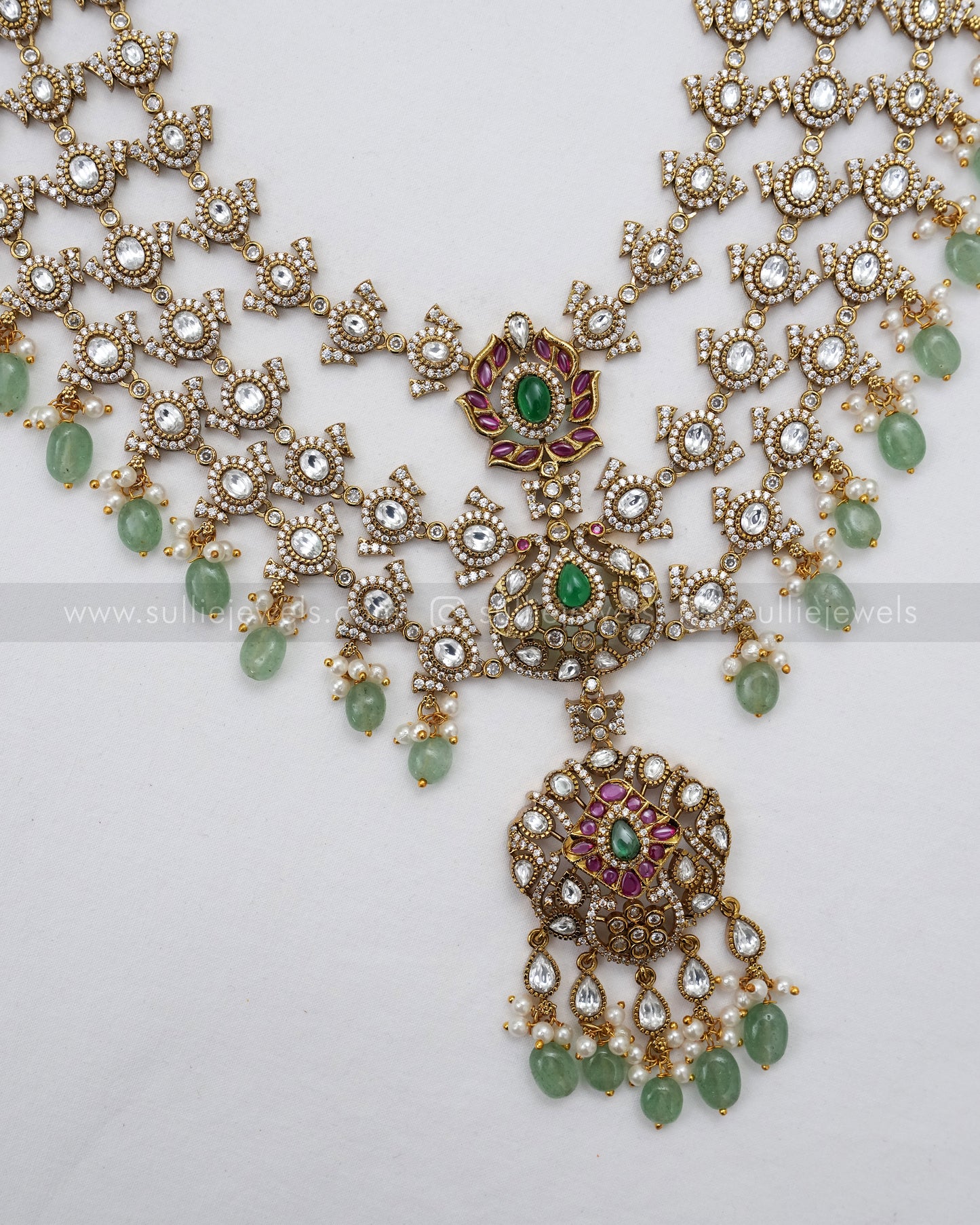 7121 - Premium Victorian Polki 3 Layer Mint Beads Long Chain with Earring
