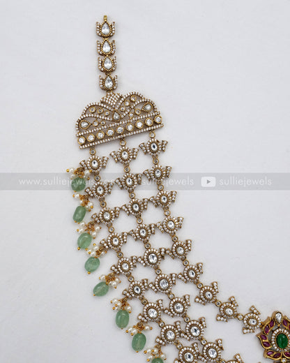7121 - Premium Victorian Polki 3 Layer Mint Beads Long Chain with Earring