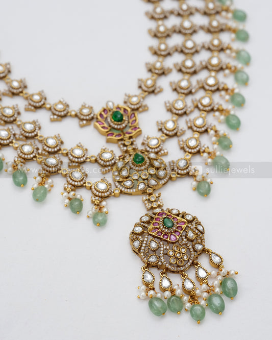 7121 - Premium Victorian Polki 3 Layer Mint Beads Long Chain with Earring