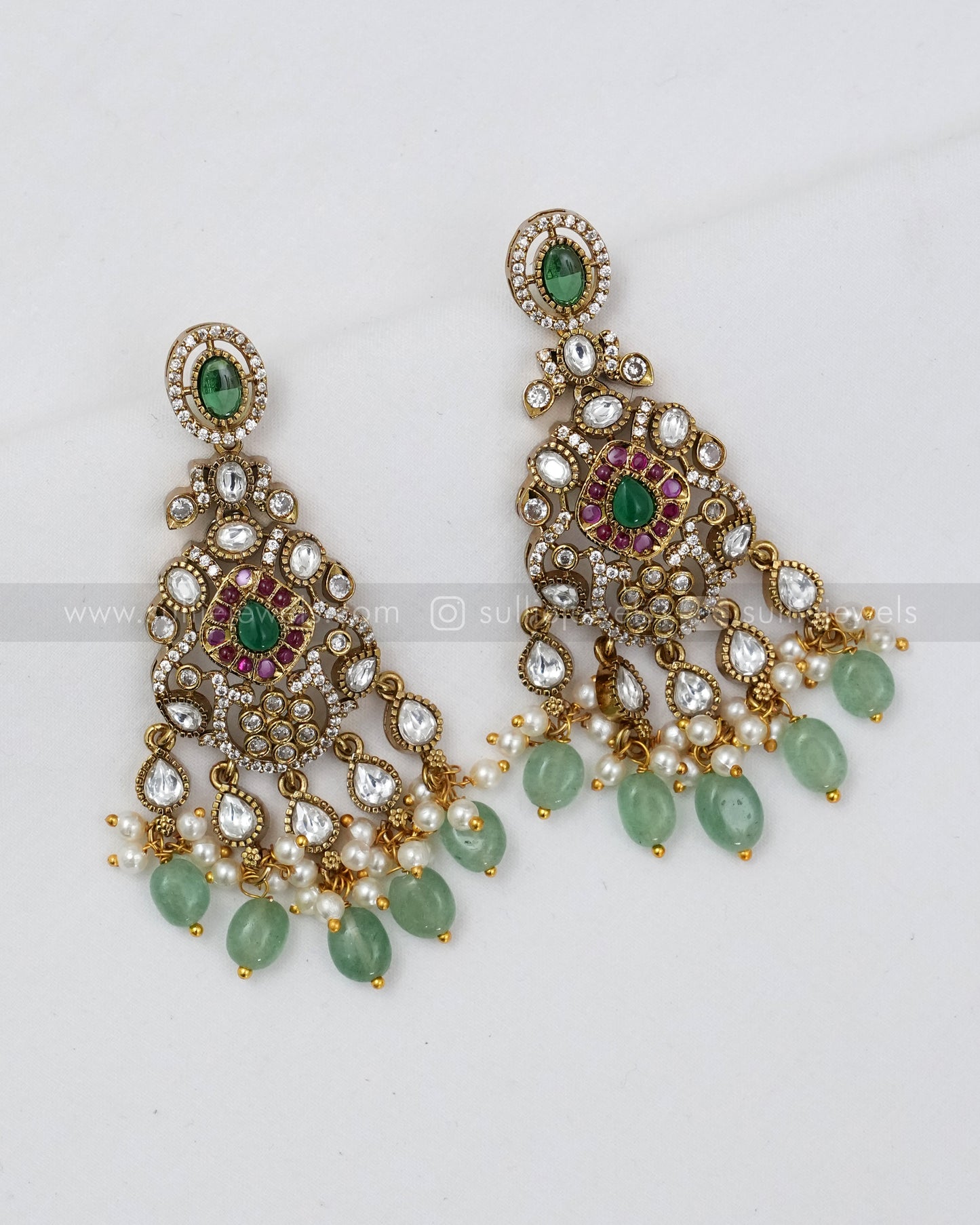 7121 - Premium Victorian Polki 3 Layer Mint Beads Long Chain with Earring