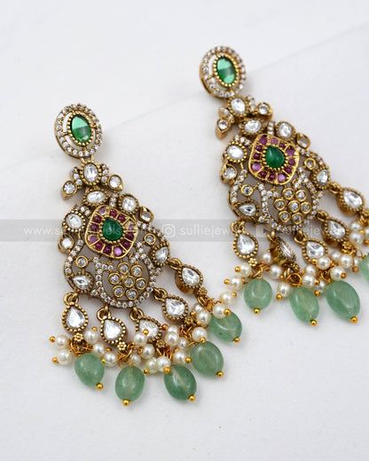 7121 - Premium Victorian Polki 3 Layer Mint Beads Long Chain with Earring