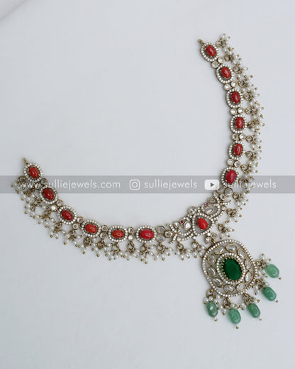 Victorian Emerald & Coral Pendant Necklace with Earring