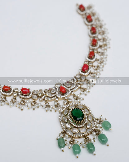 Victorian Emerald & Coral Pendant Necklace with Earring