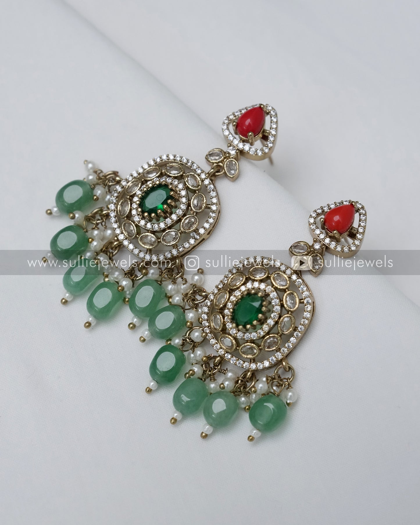 Victorian Emerald & Coral Pendant Necklace with Earring