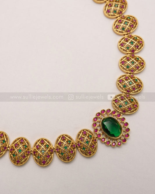 Oval AD Emerald Center Stone Necklace with Stud