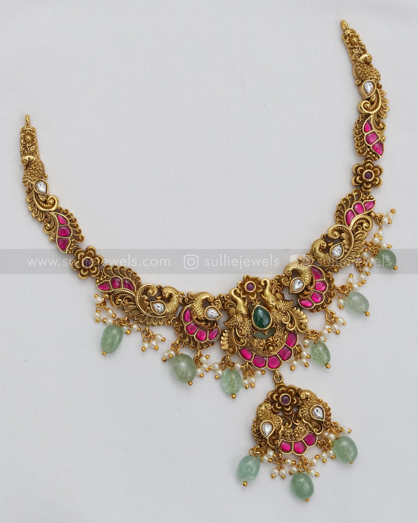 3626 - No Idol Elephant Peacock Kemp Necklace with Earring - Mint Beads