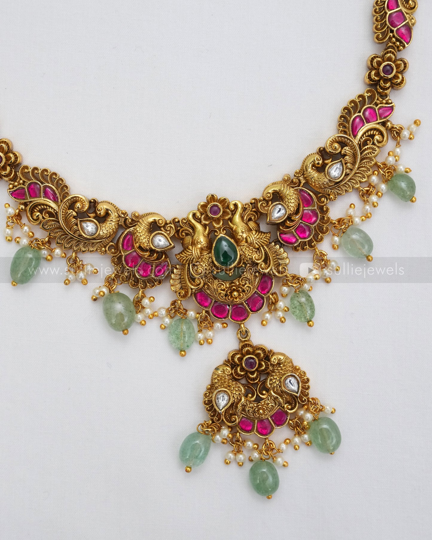 3626 - No Idol Elephant Peacock Kemp Necklace with Earring - Mint Beads