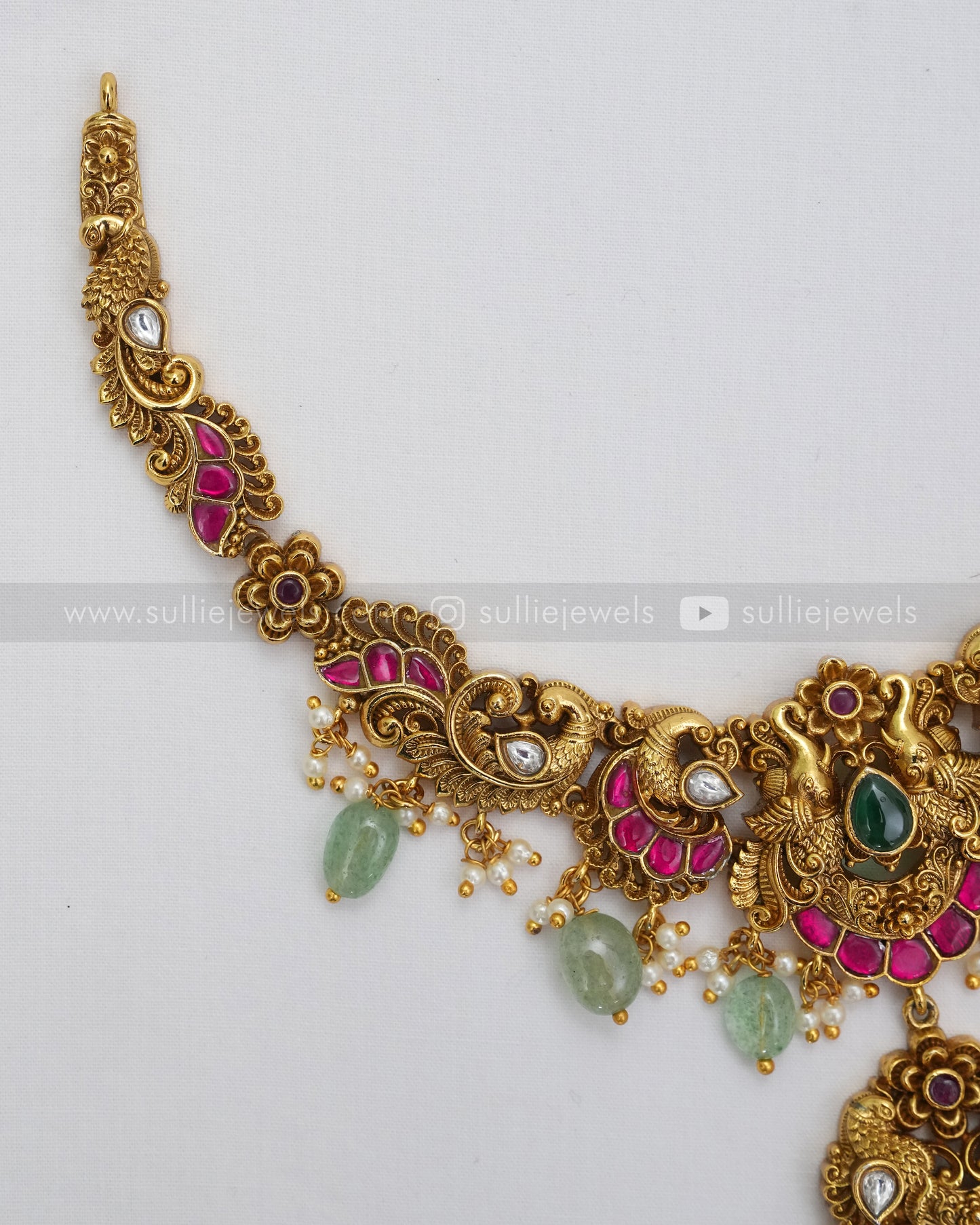 3626 - No Idol Elephant Peacock Kemp Necklace with Earring - Mint Beads