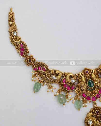 3626 - No Idol Elephant Peacock Kemp Necklace with Earring - Mint Beads