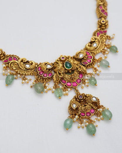 3626 - No Idol Elephant Peacock Kemp Necklace with Earring - Mint Beads