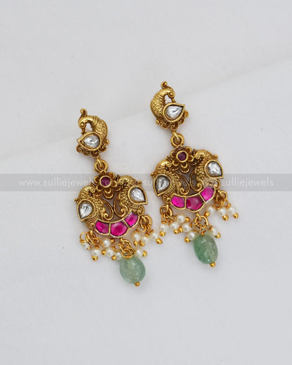 3626 - No Idol Elephant Peacock Kemp Necklace with Earring - Mint Beads