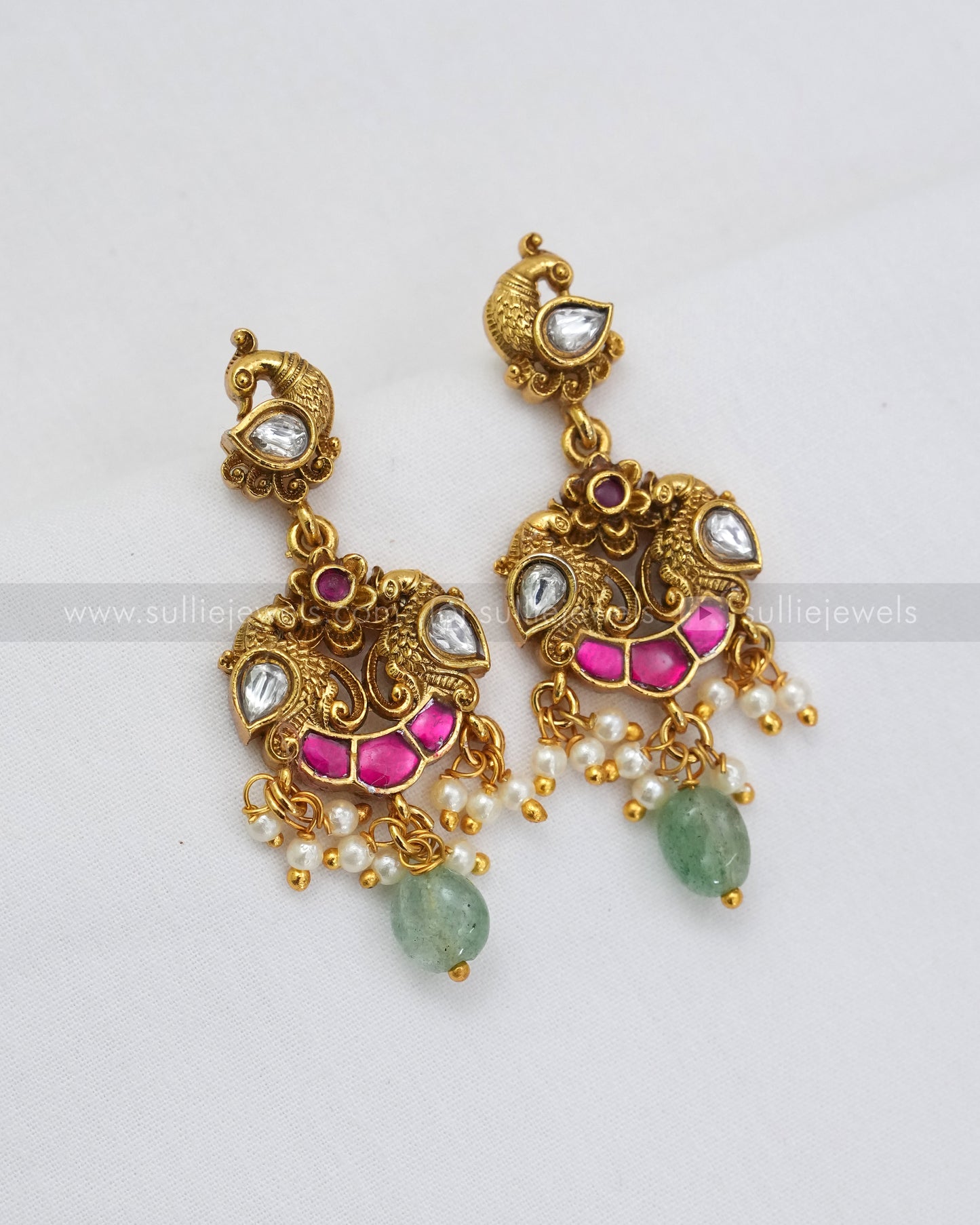 3626 - No Idol Elephant Peacock Kemp Necklace with Earring - Mint Beads