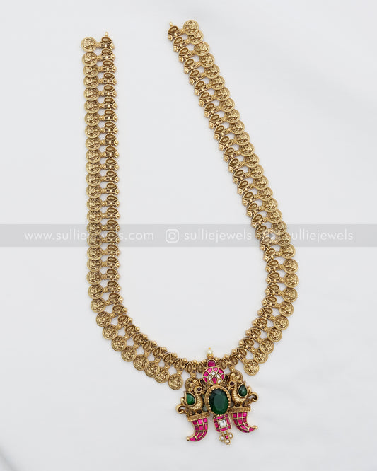 Jadau Premium Emerald Peacock Coin Haaram with Stud