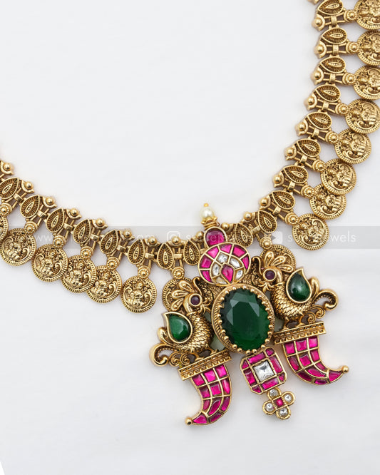 Jadau Premium Emerald Peacock Coin Haaram with Stud