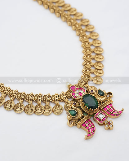 Jadau Premium Emerald Peacock Coin Haaram with Stud